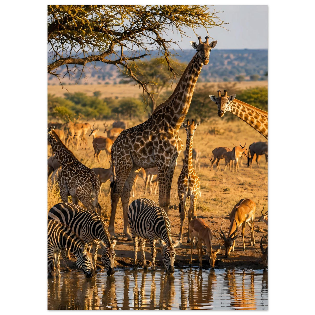 Poster mit Tiermotiv: Giraffe im Fokus, Zebras am Ufer, Antilopen in warmem Licht
