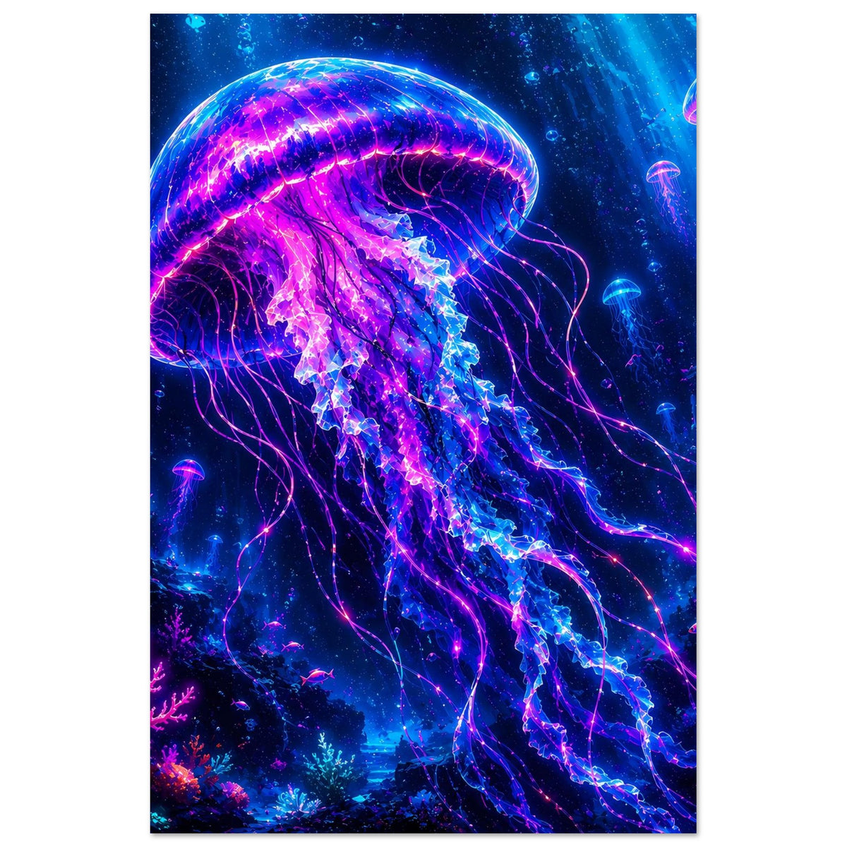 Poster mit leuchtender Qualle, runde Schirmkugel und lange Tentakel, blau-violett leuchtend