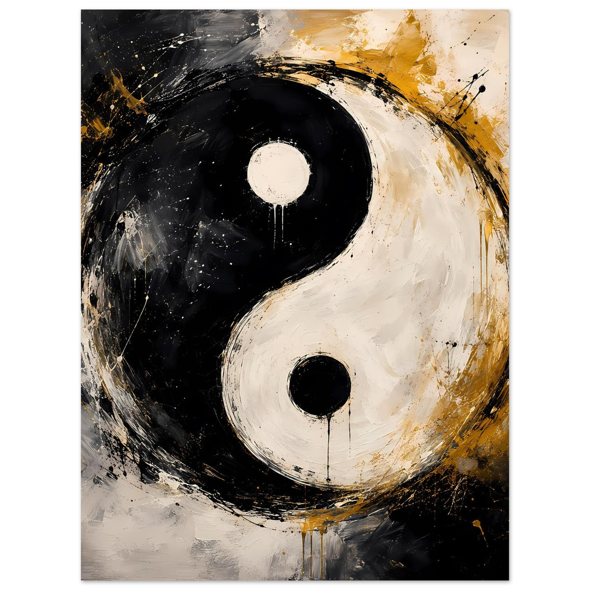 Abstraktes Yin-Yang Poster: Yin links dunkel, Yang rechts hell, mit goldenen Akzenten