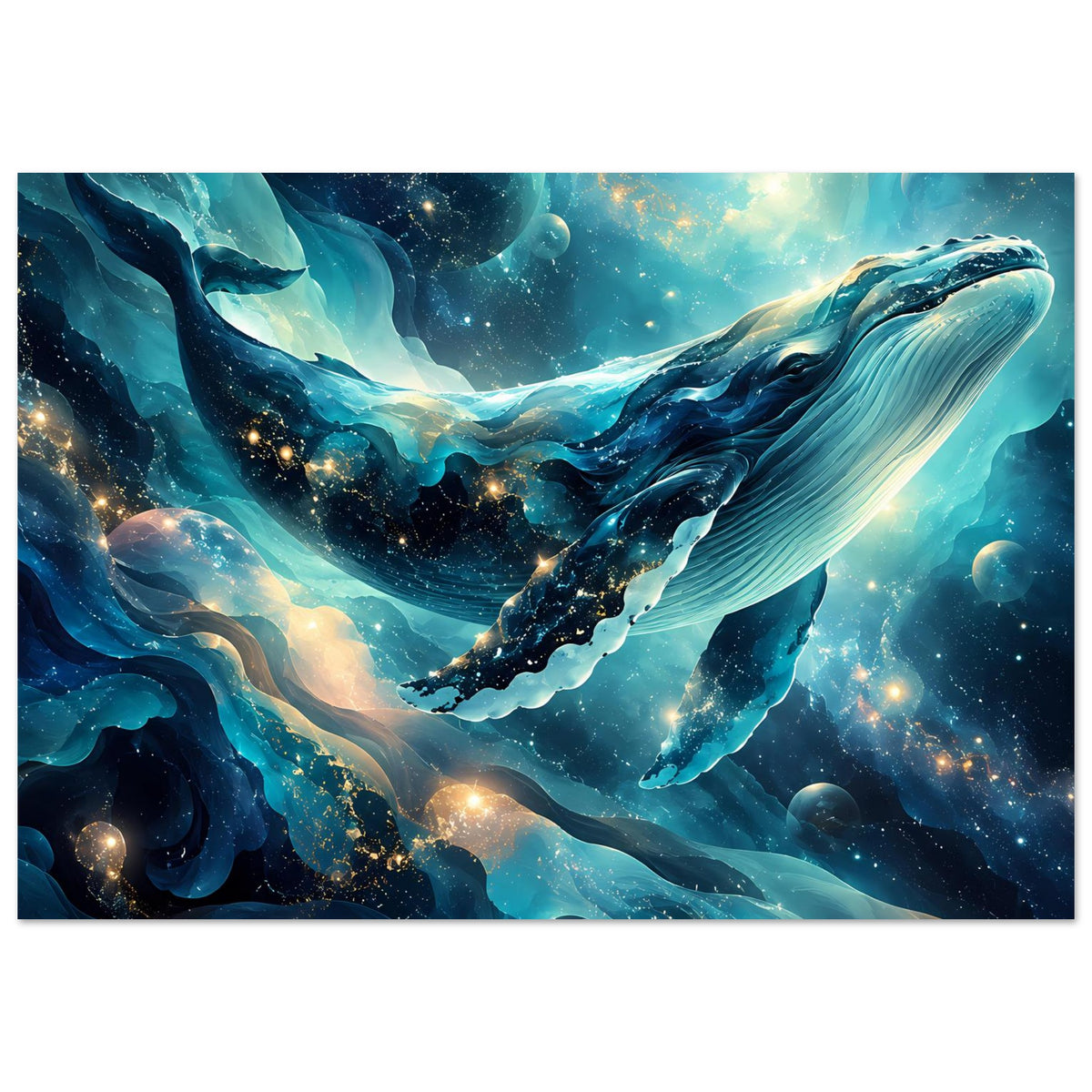 Hochformatiges Ozean-Poster mit galaktischem Wassermotiv in Blau und Gold