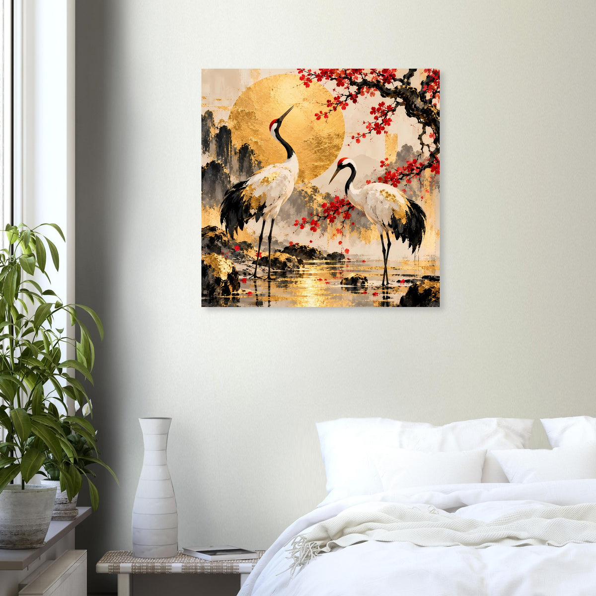 Quadratisches Poster mit zwei Kranichen und Kirschblüten, goldenes Motiv im Hintergrund