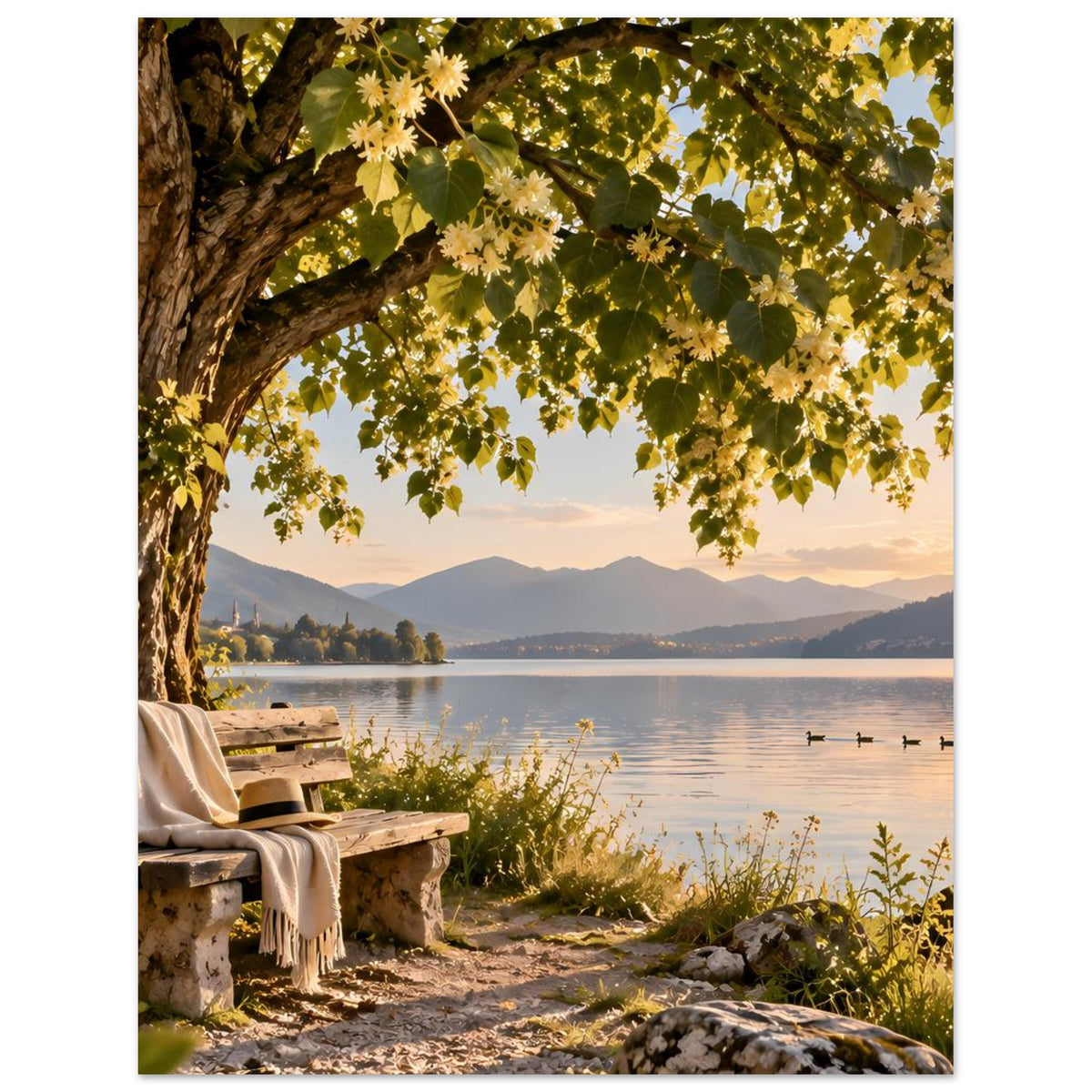 Poster im Hochformat mit Seeblick, Blätterdach und Bank am Ufer