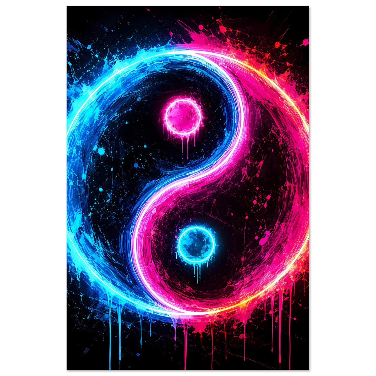 Neon-Yin-Yang-Poster mit strahlenden Konturen in Blau und Pink, dynamischen Farbsprenkel
