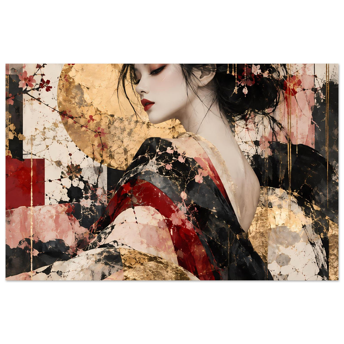 Asiatisches Kunstposter mit Frau in Rot, Rosé, Schwarz und Gold