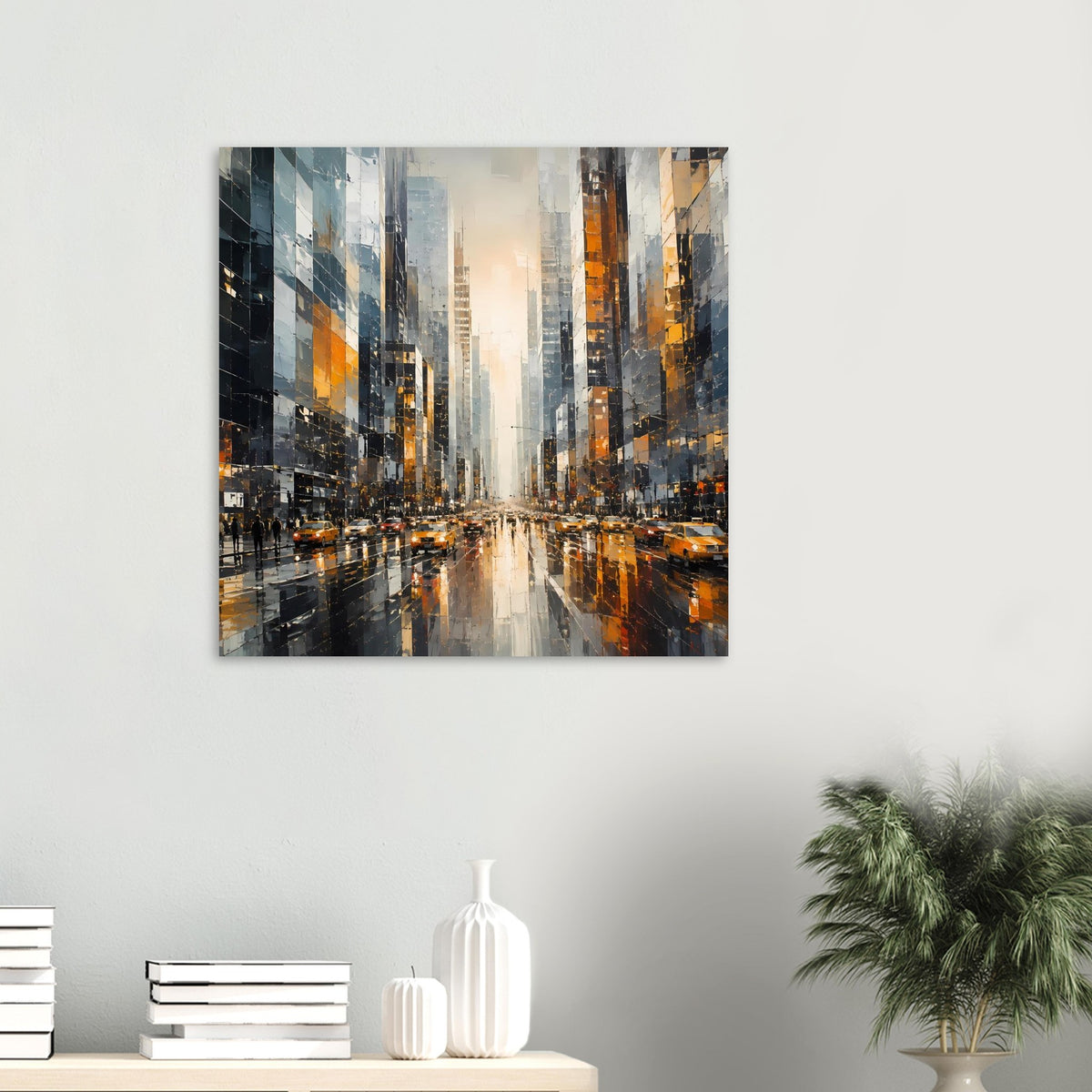 Quadratisches Wandposter mit nasser Straße, Lichtreflexen und gelben Taxis