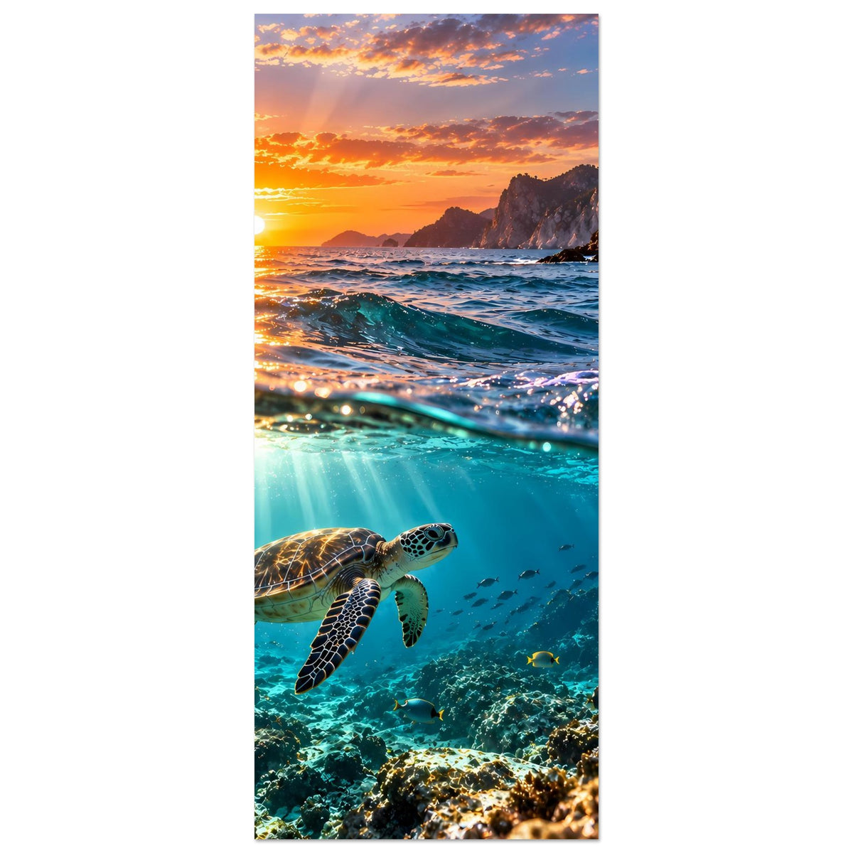 Vertikales Poster mit Meeresschildkröte im Meer bei Sonnenuntergang und türkisfarbenem Wasser