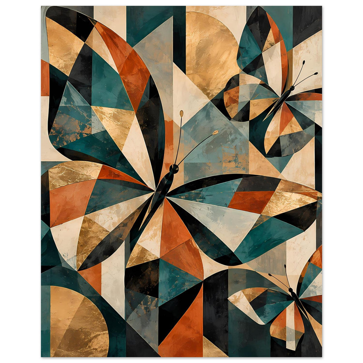 Gerahmtes Kunstposter: geometrische Schmetterlinge mit warmen Erdtönen und dunklen Flächen
