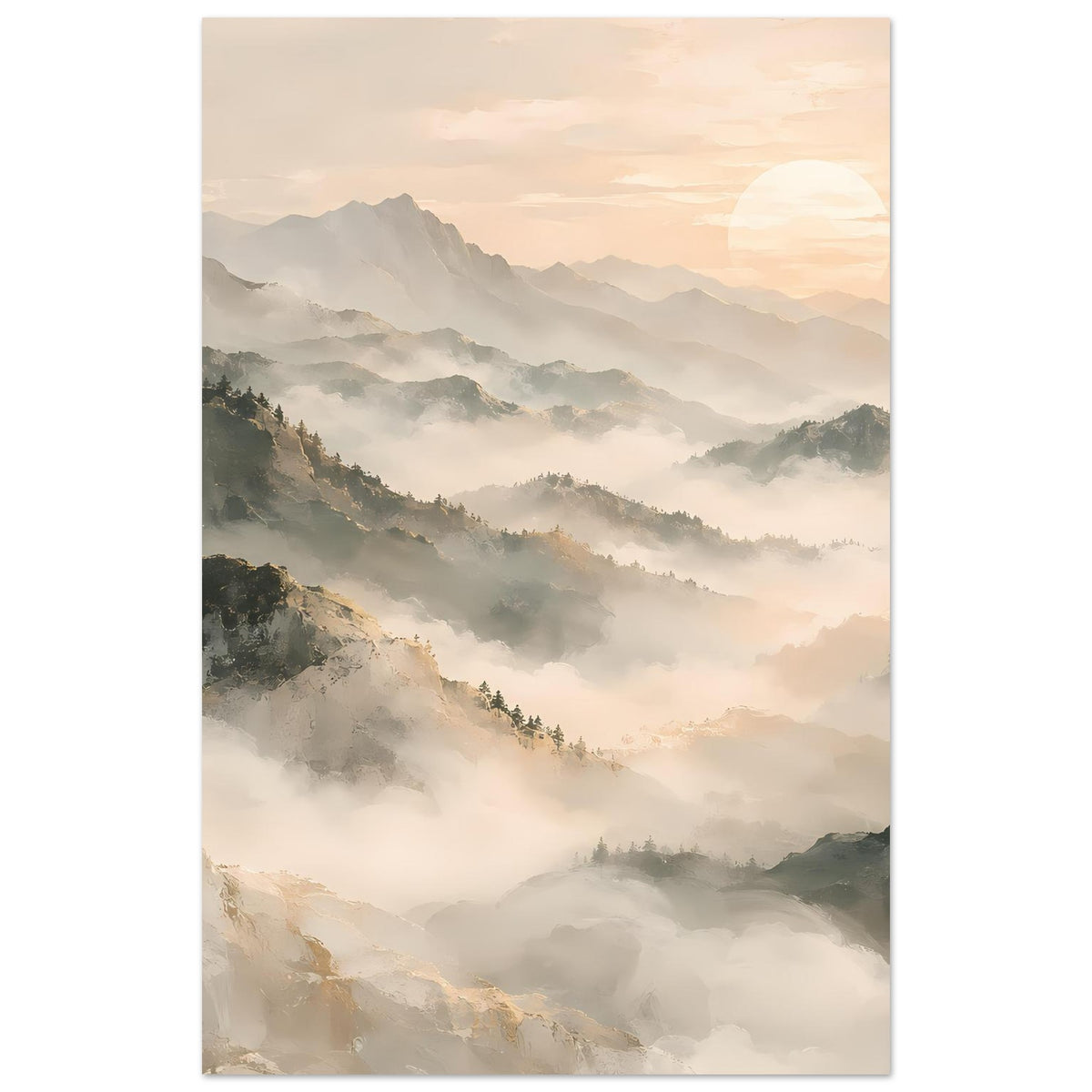 Poster mit nebligen Bergen, warmem Himmel und Sonne oben rechts, matter Kunstdruck, hochformat