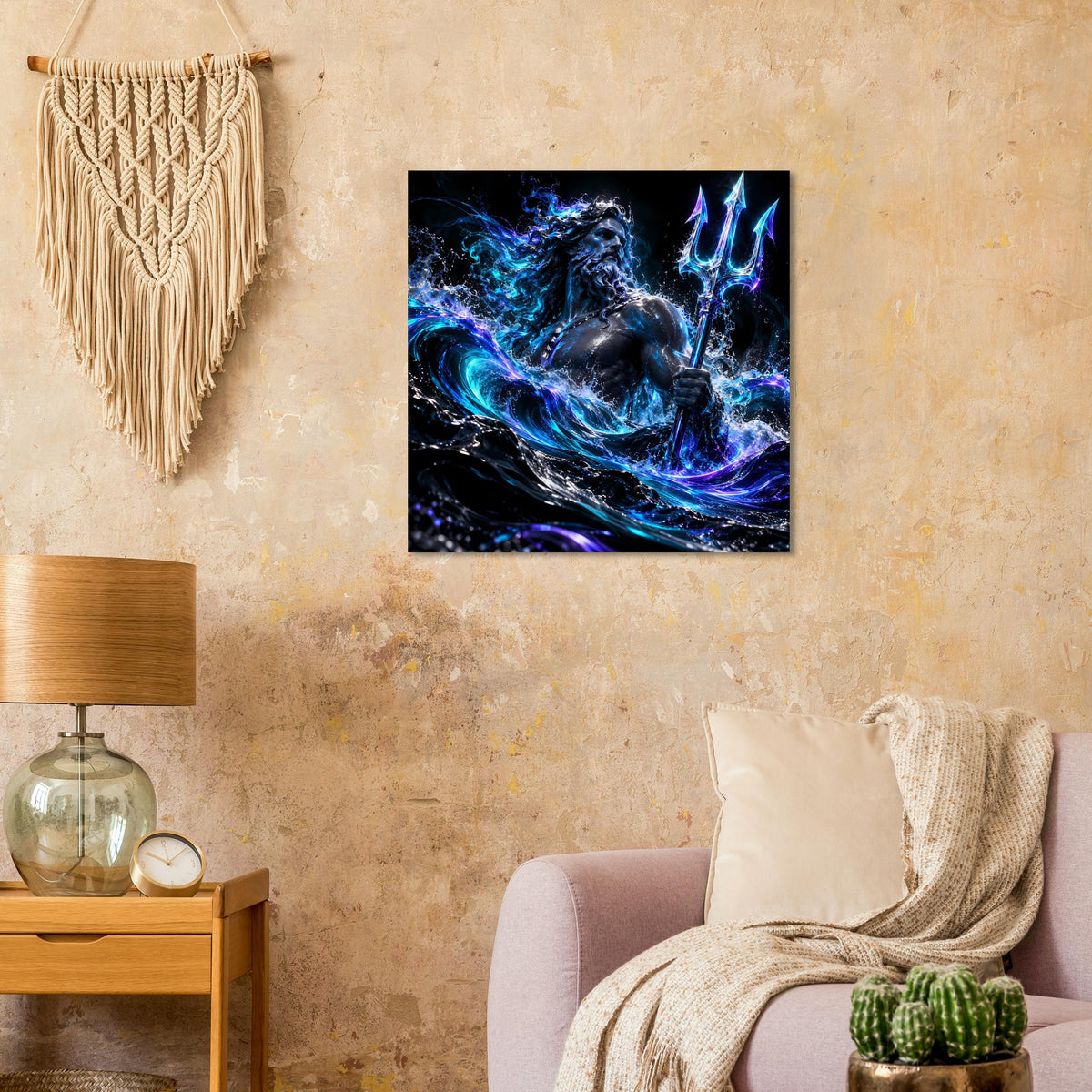 Quadratisches Poster mit Poseidon und Dreizack, leuchtendes Ozeanblau mit Wellenwirbel