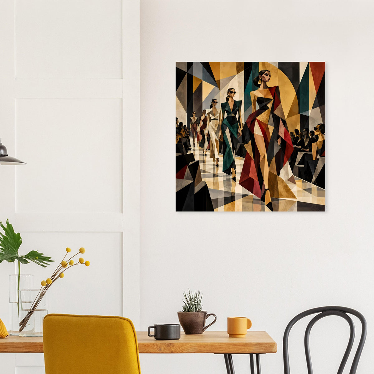 Quadratisches Poster mit schwarzem Rahmen: Damenmodelle auf Laufsteg, Vielflächen in Juwelenfarben
