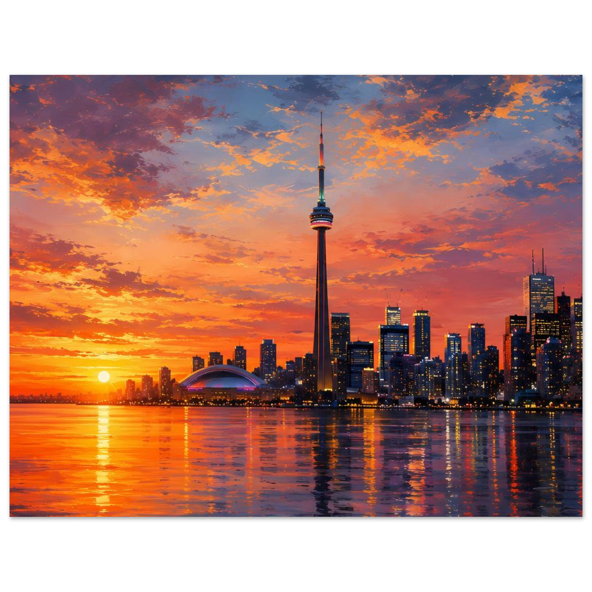 Stadtmotiv-Poster mit Fernsehturm und Skyline, Sonnenuntergang und Spiegelung im Wasser