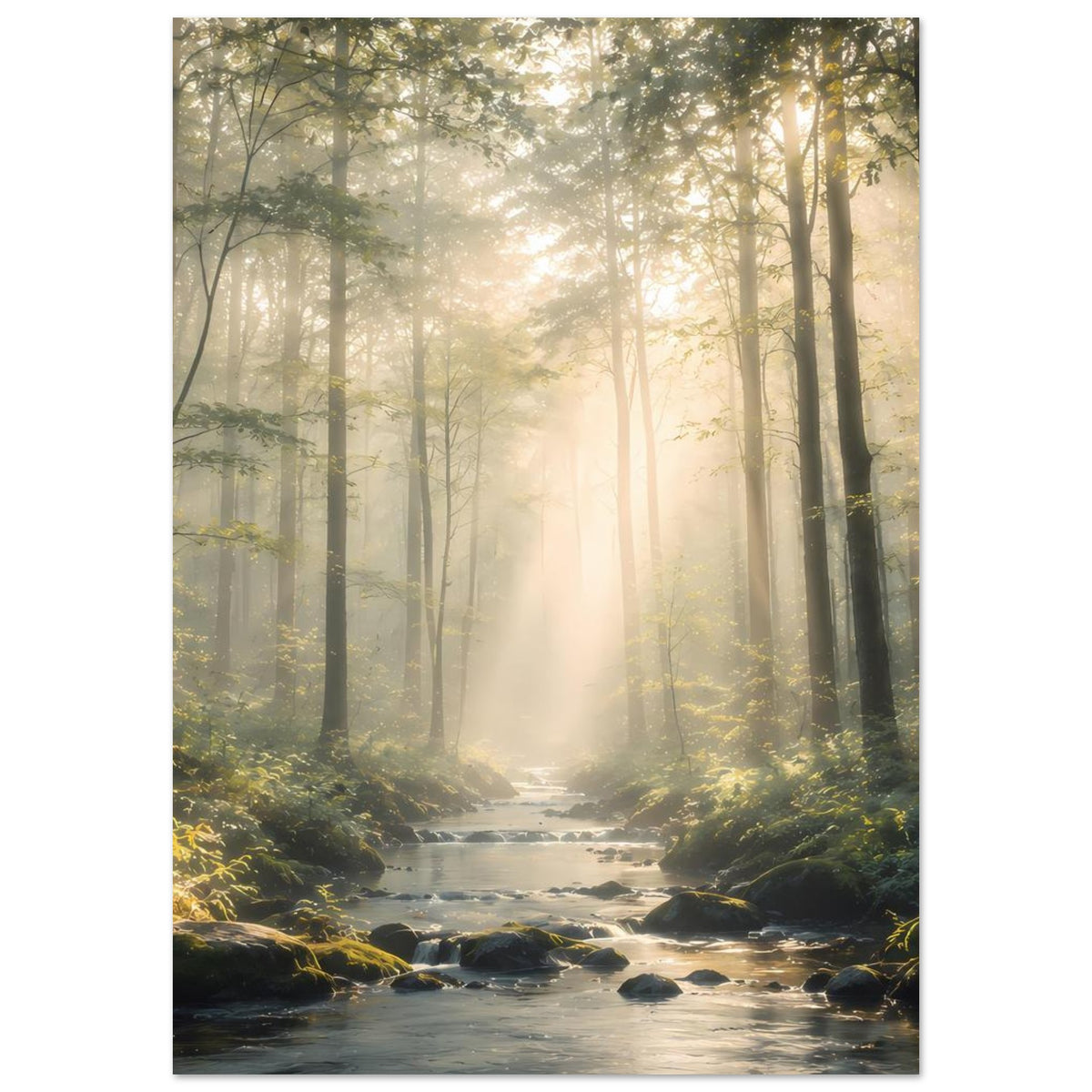 Naturposter hochkant mit Bachlauf, Farnsäumen und warmem Licht durch den Waldnebel