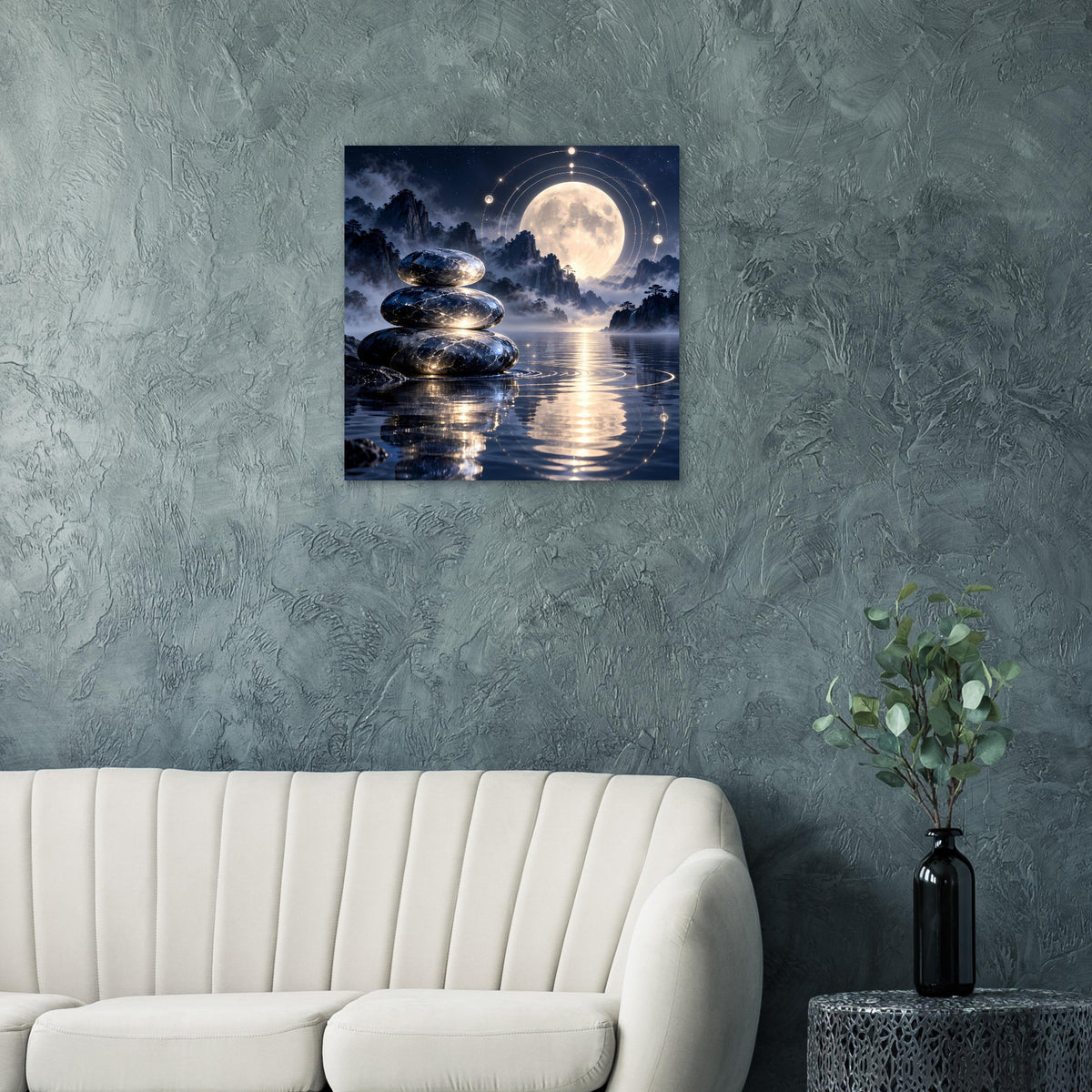 Zen-Poster mit Mondnacht: gestapelte Steine, Wasserreflexion und Sternenlicht