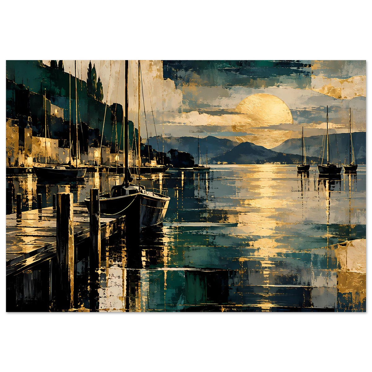 Maritimes Poster mit Segelbooten im Hafen, goldener Sonne und blaugrünen Reflexionen