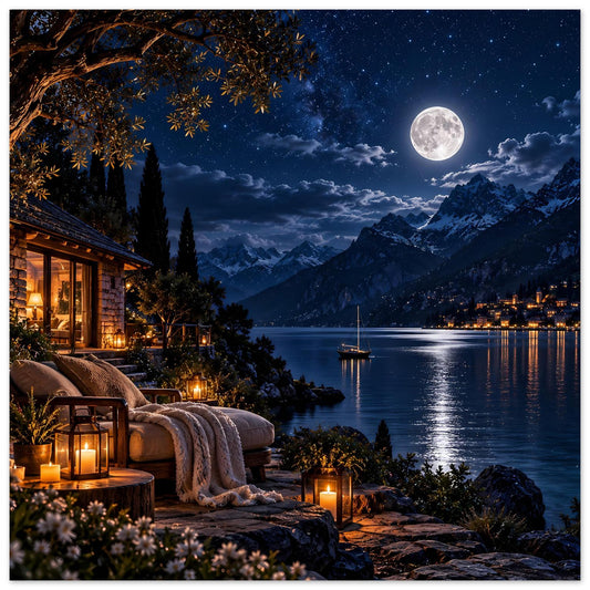 Poster mit Mond über Bergsee, beleuchteter Hütte, Kerzen und Decke auf der Terrasse