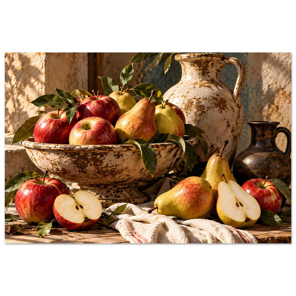 Poster mit rustikalem Herbststillleben: Keramikschüssel, Äpfel, Birnen, Krug und Tuch