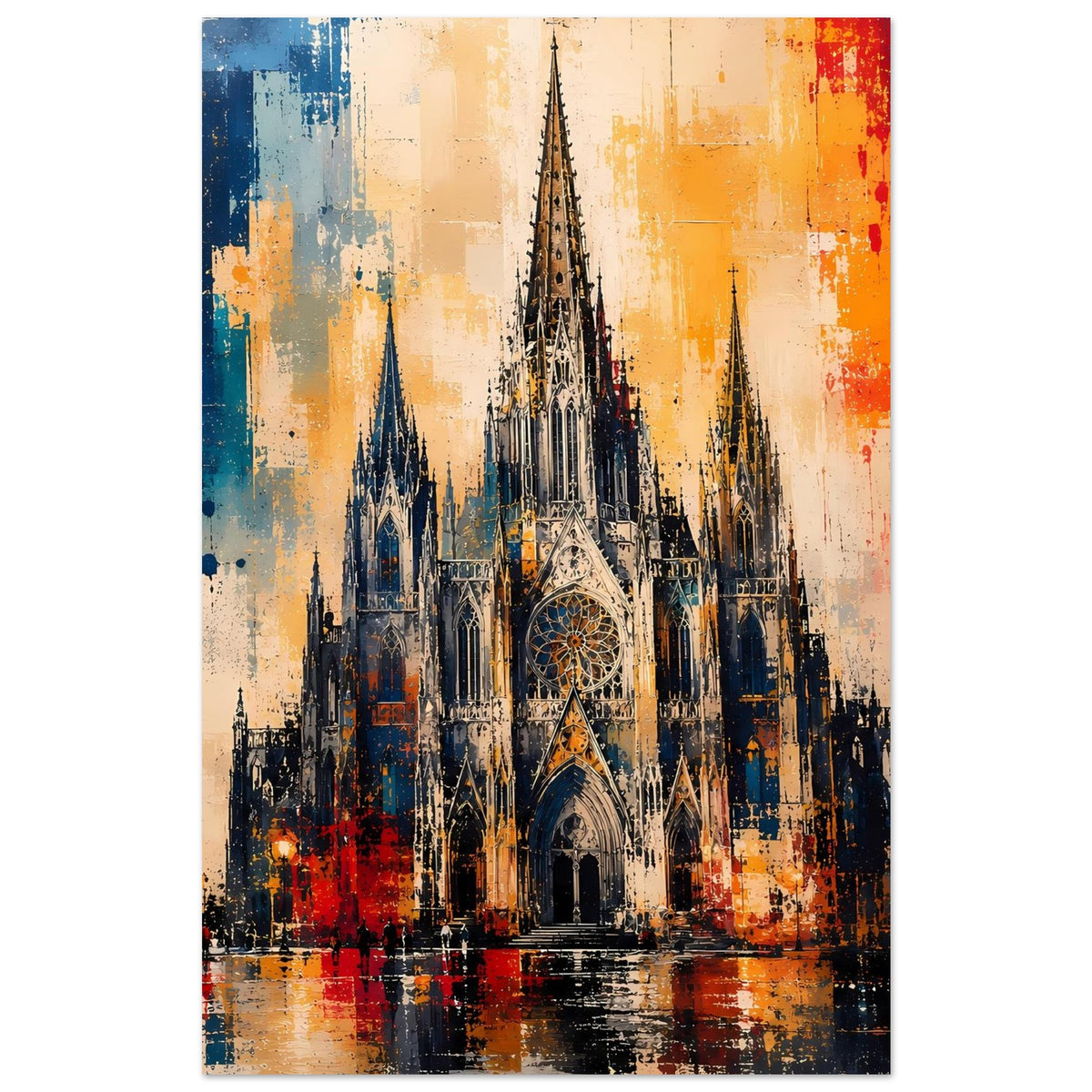 Gotisches Kathedralen-Poster, schmale Ansicht der Türme und Portalzone, blau-rot