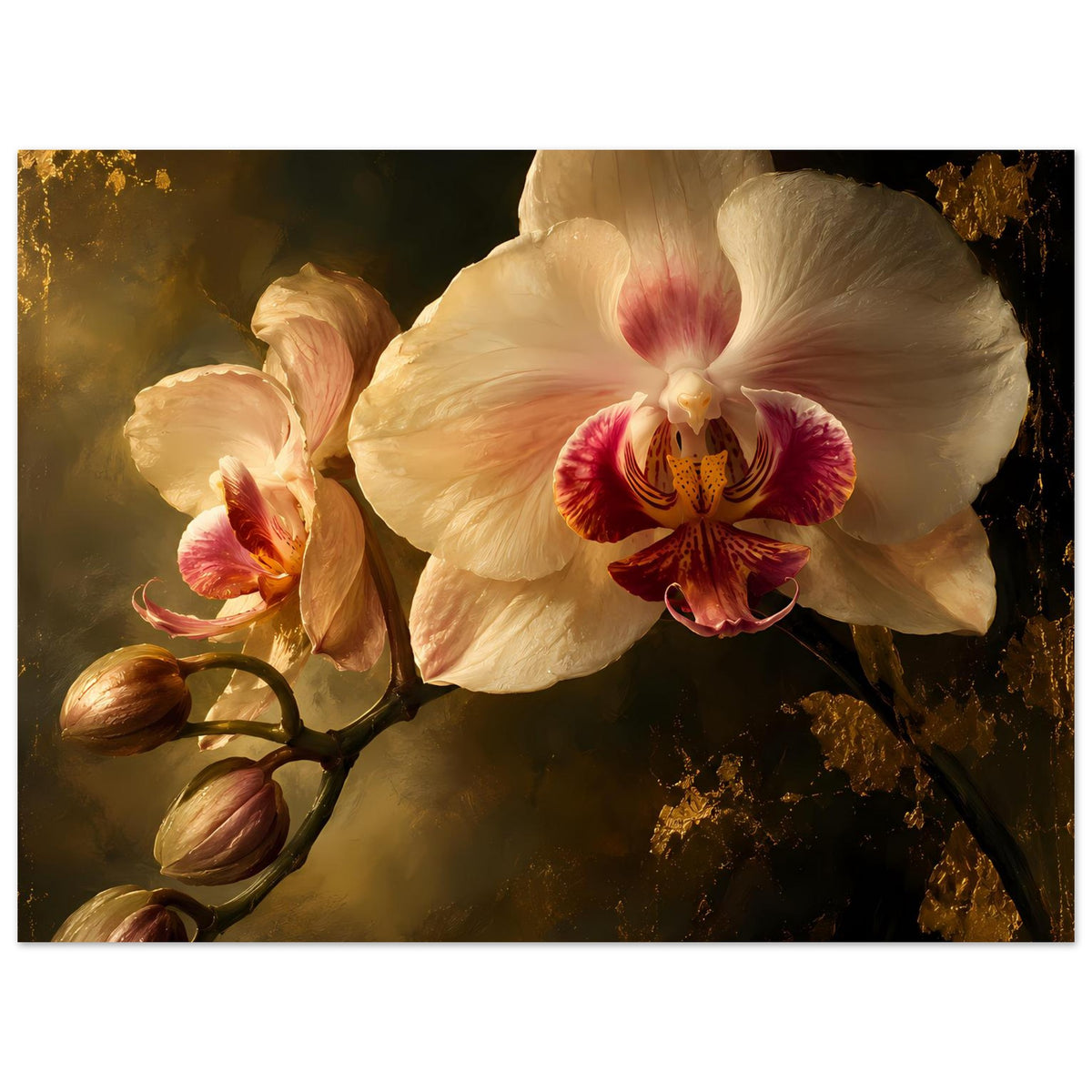 Orchideen-Poster mit cremeweißer Orchideenblüte, rosaroten Details und goldfarbenen Partikeln