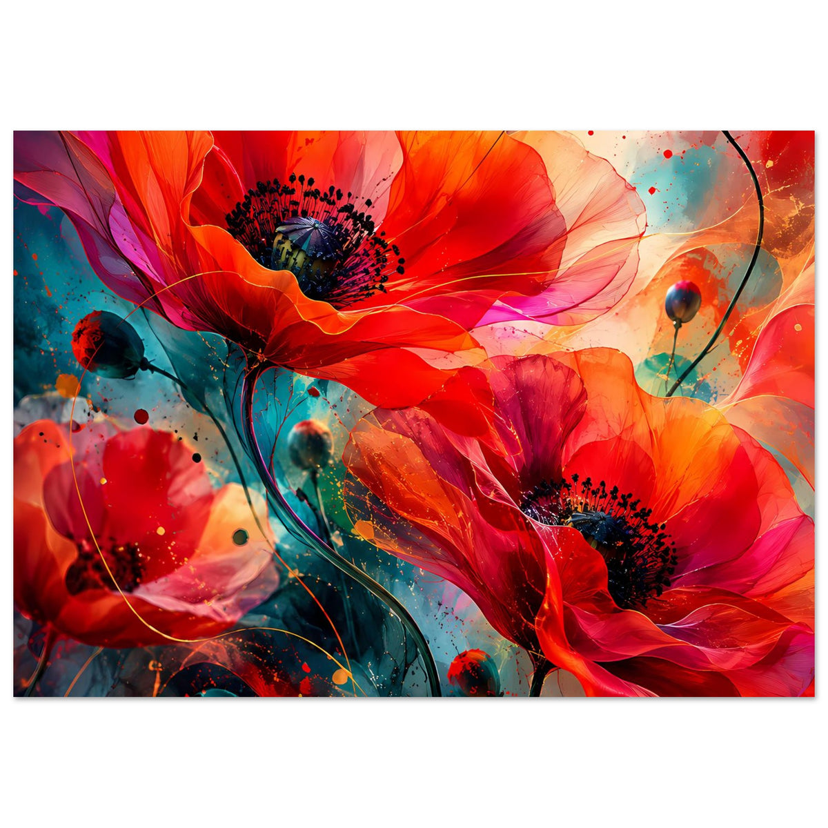Horizontales Kunstposter mit roten Blüten und blau-grünen Farbspritzern