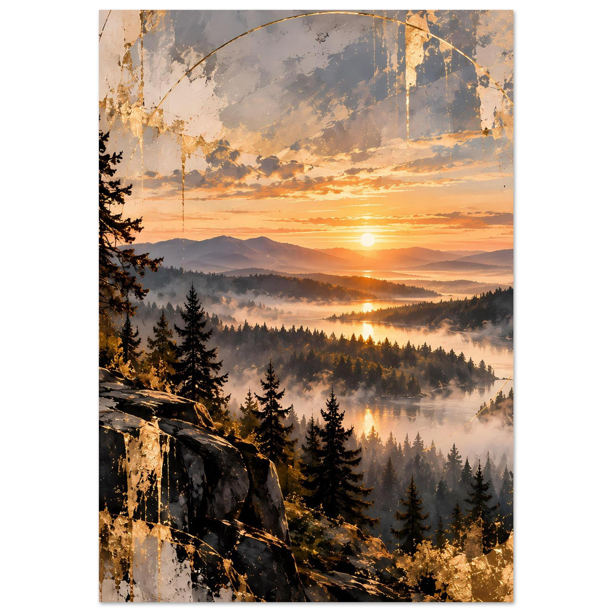 Landschaftsposter mit goldenem Himmel, nebligem Wald und Felsbrocken im Vordergrund