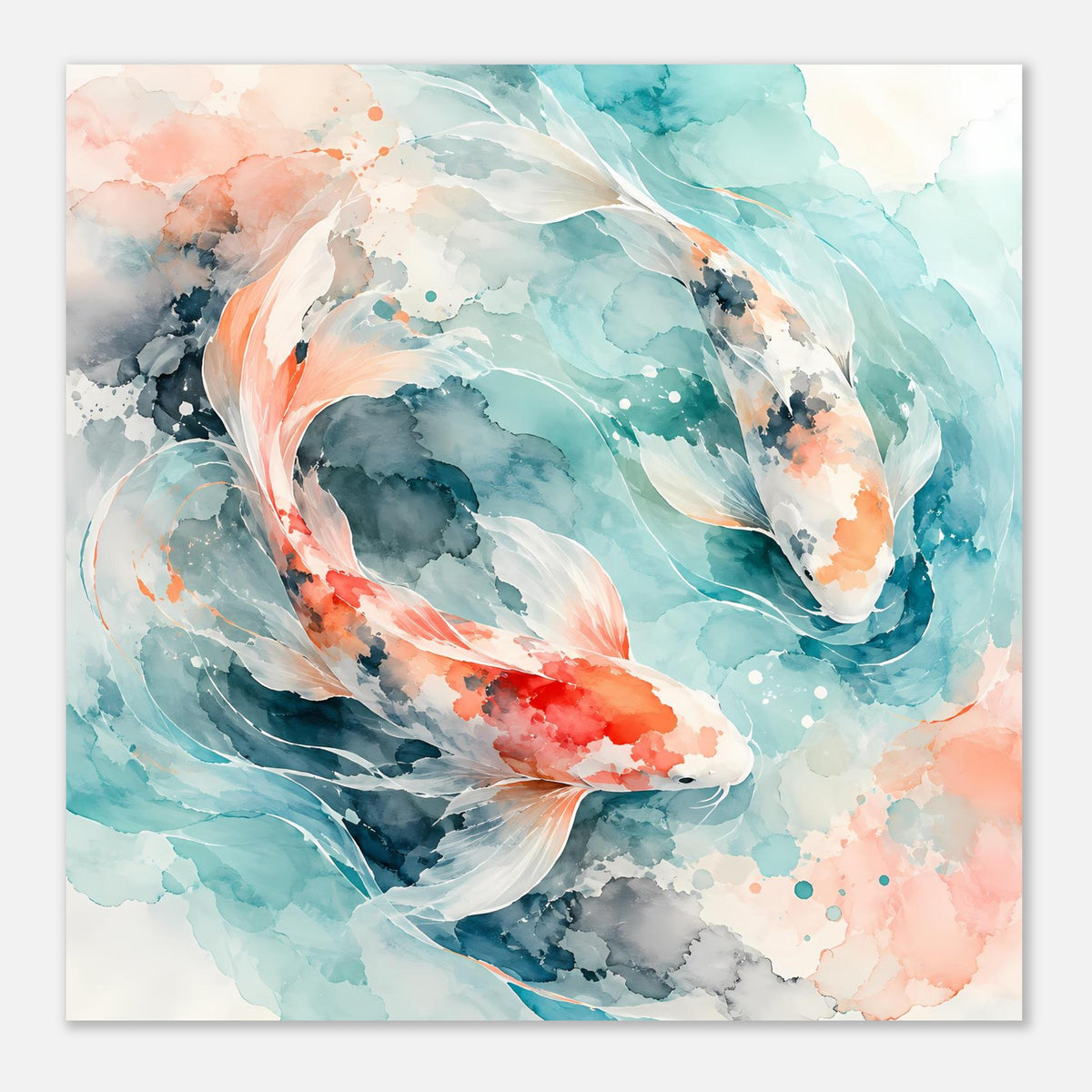 Quadratisches Poster mit Koi-Fischen im Aquarell, türkis, orange, grau und Sprenkeln