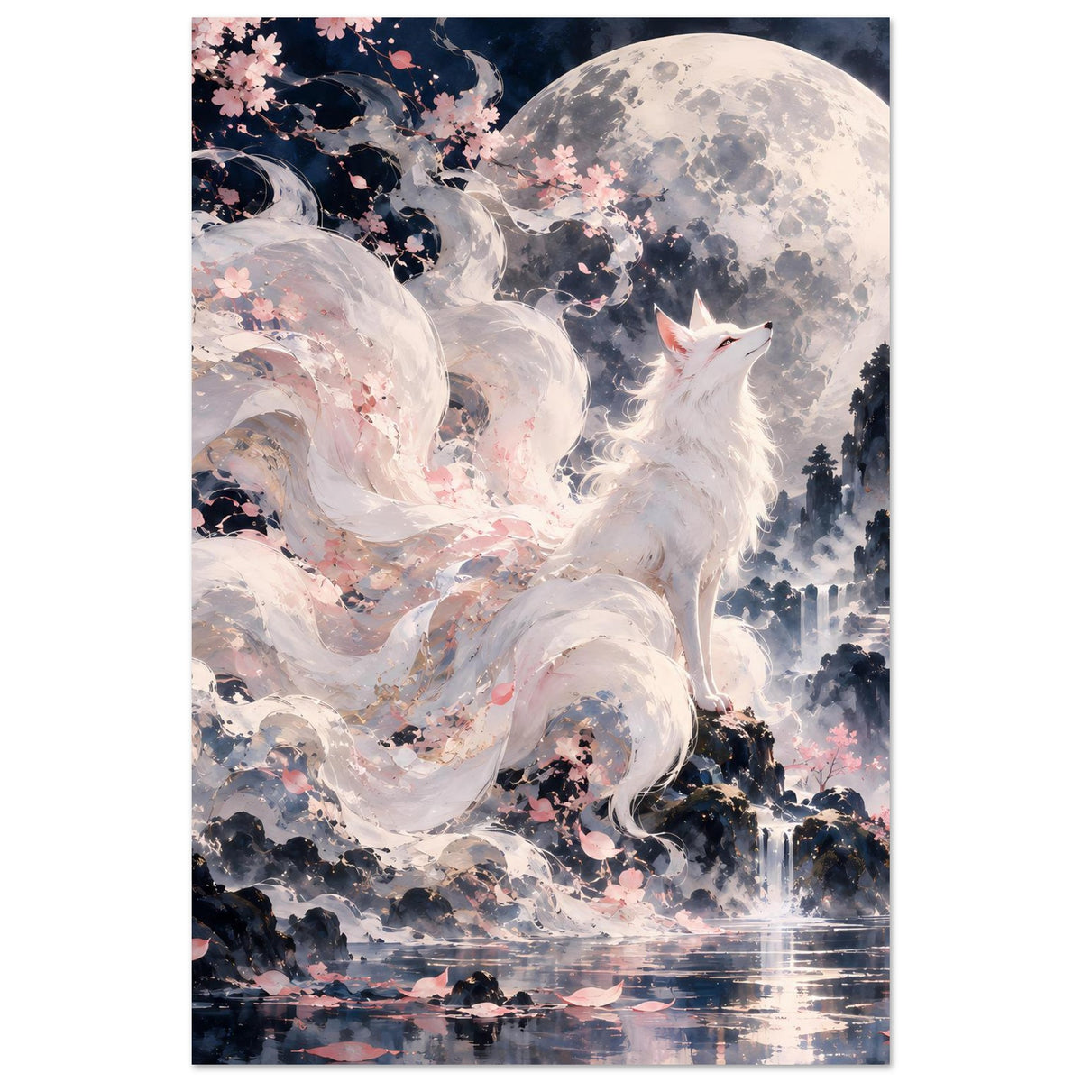 Fantasy-Poster: weißer Fuchs im Vollmondlicht mit Kirschblüten