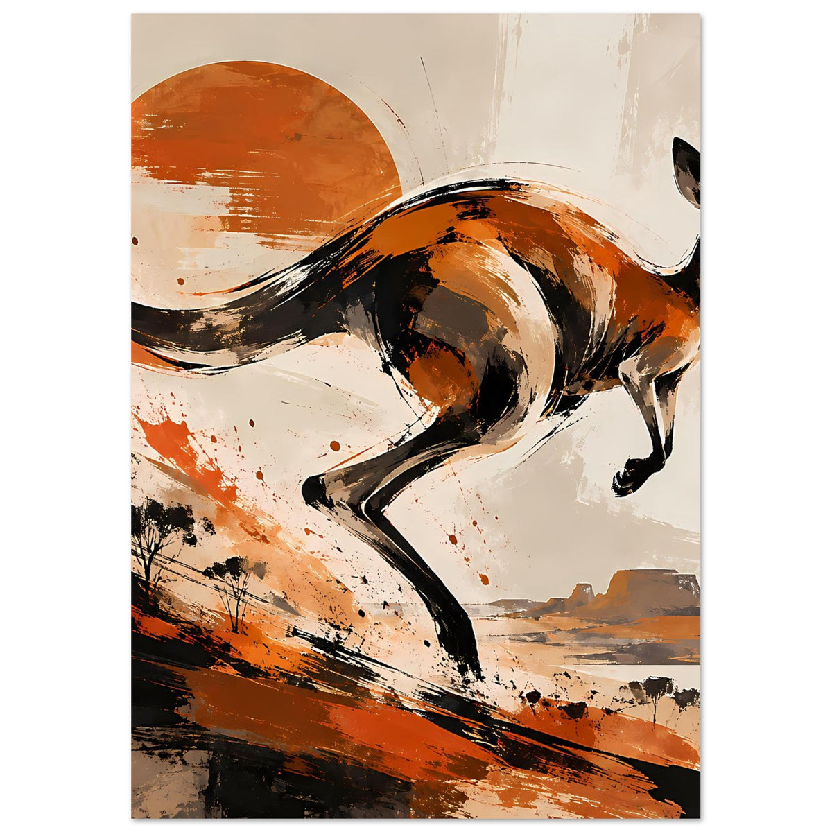 Känguru-Tierposter mit schwarzer und orangebrauner Farbfläche, dynamische Sprunghaltung