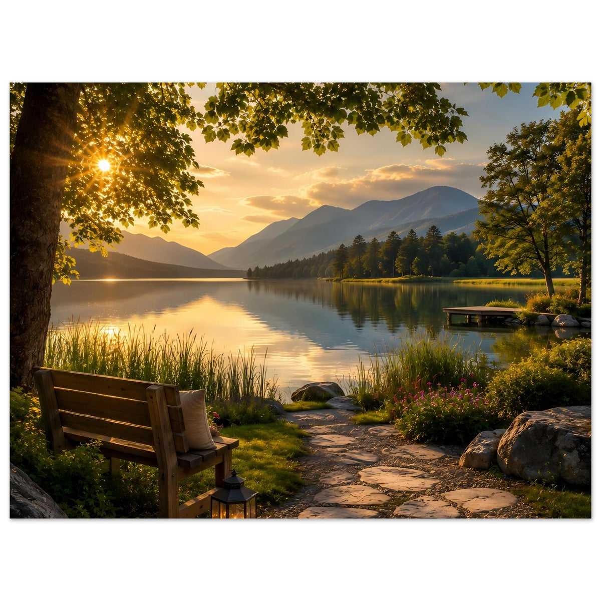 Horizontales Poster mit See bei Sonnenuntergang, Bank links, Pfad am Ufer und Berge