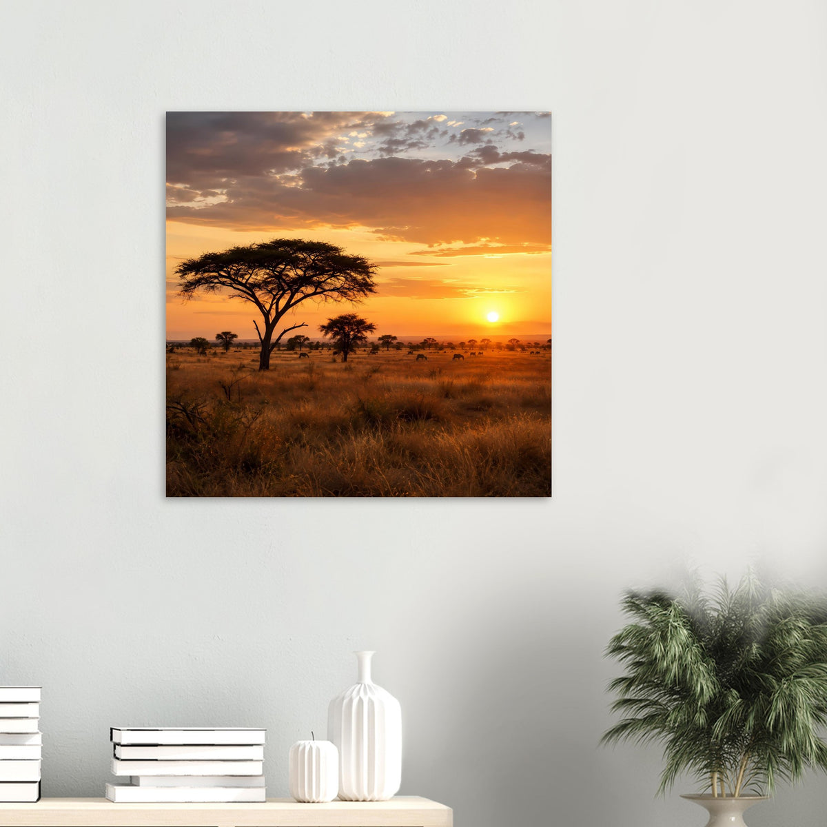 Quadratisches Poster, gerahmt: Savanne mit Akazienbaum und goldener Abendsonne