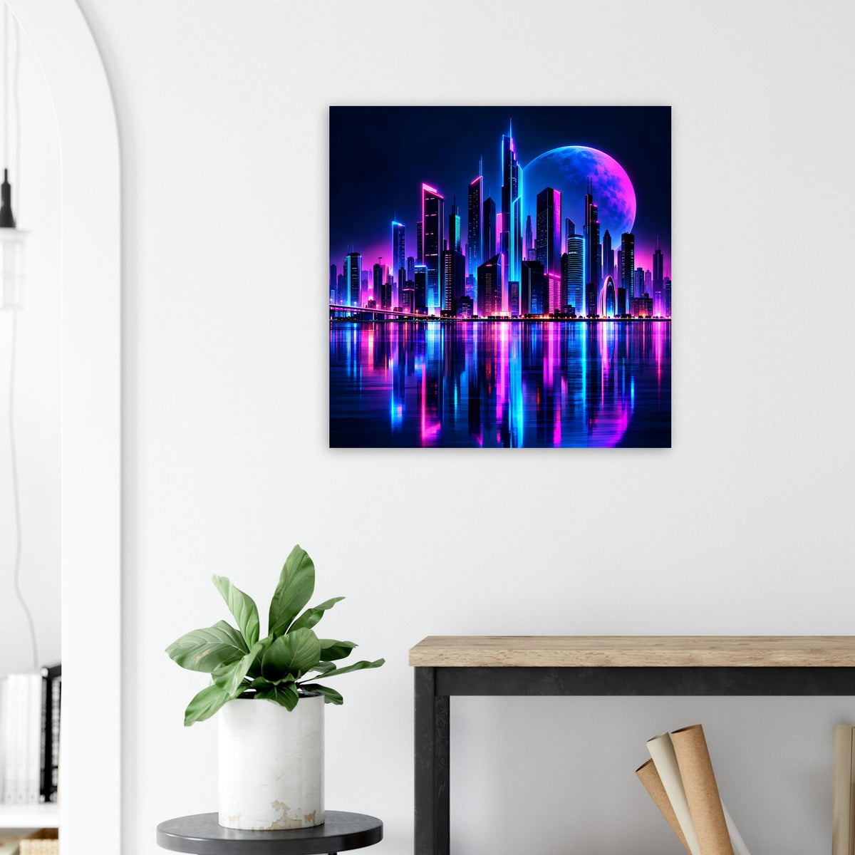 Neon-Stadtpanorama-Poster: futuristische Skyline in Blau und Pink, mit Wasser-Spiegelung