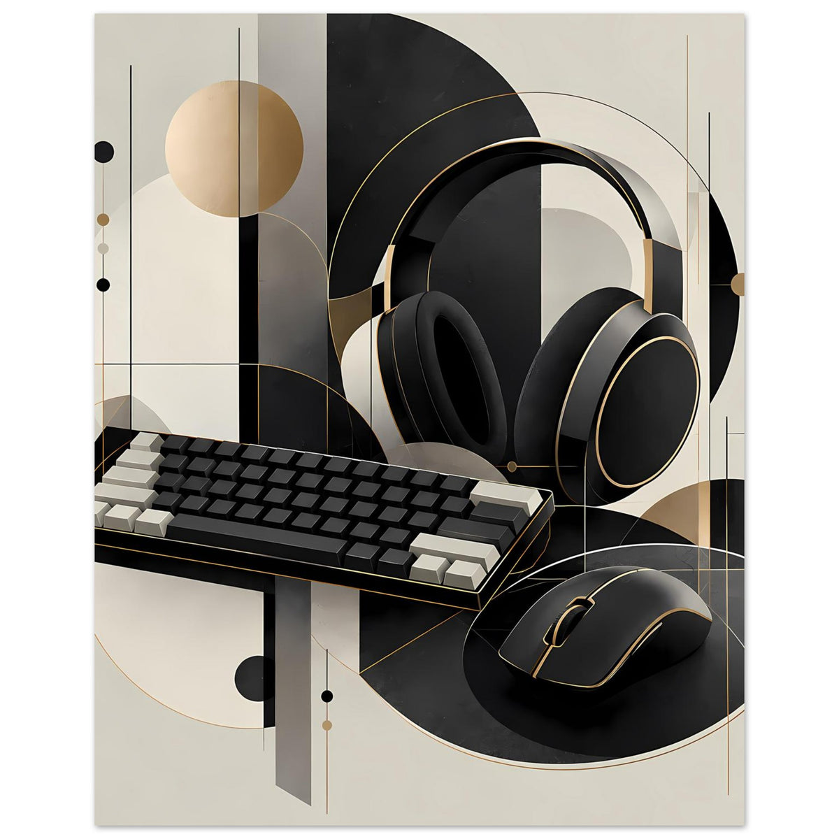 Gaming-Poster mit Headset, Tastatur und Maus, Schwarz und Gold, geometrische Formen
