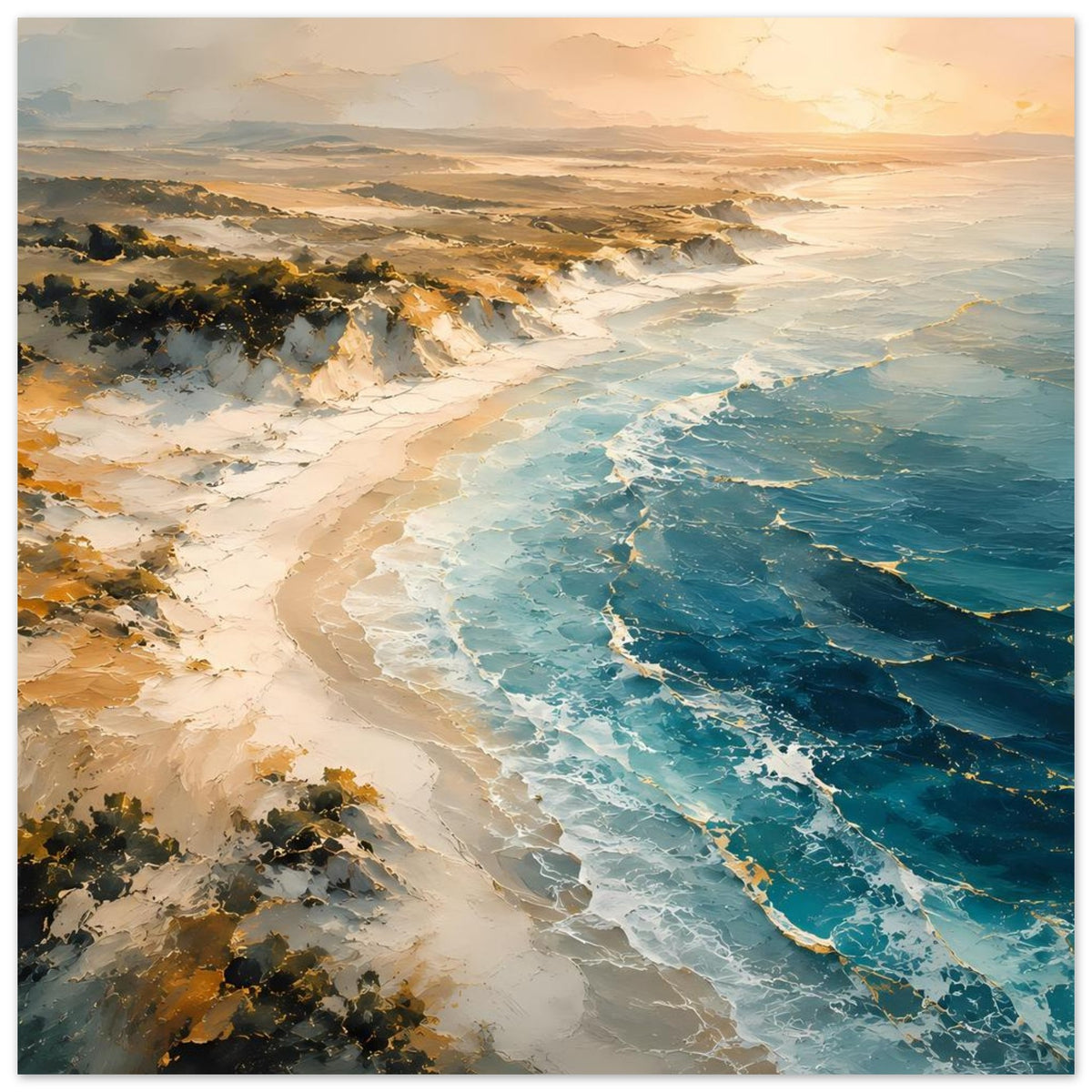 Meerstrand-Poster: Sanddünen, schäumende Gischt am türkisblauen Meer und Himmel