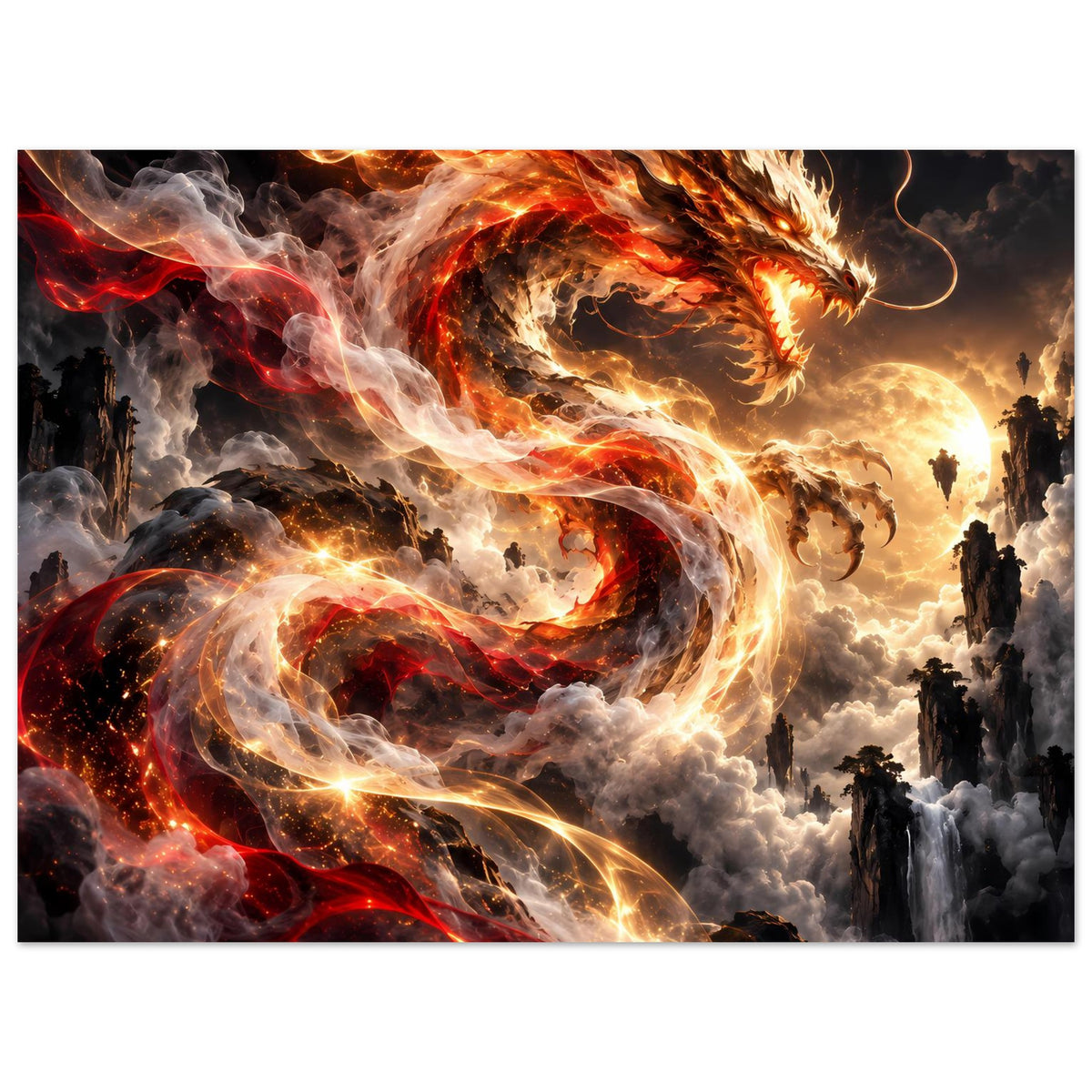 Vertikales Fantasy-Poster: großer Drache mit feuerglühender Schlange aus Flammen und Rauch