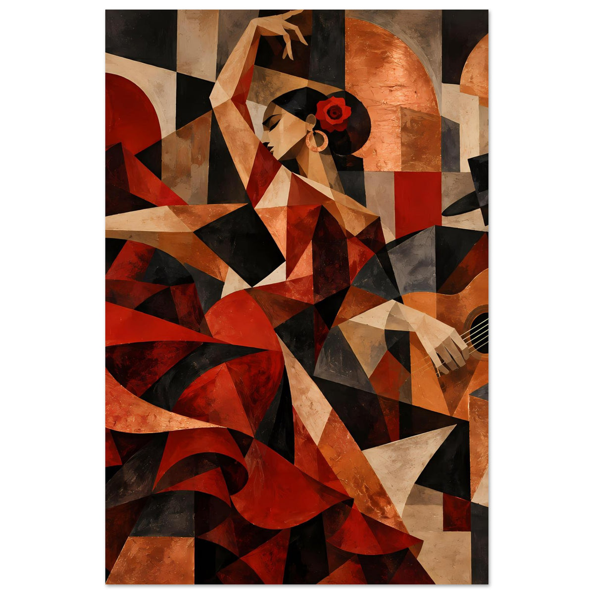 Kunstposter im Hochformat mit Flamenco-Figur, abstrakte Formen in Rot, Beige, Schwarz und Braun