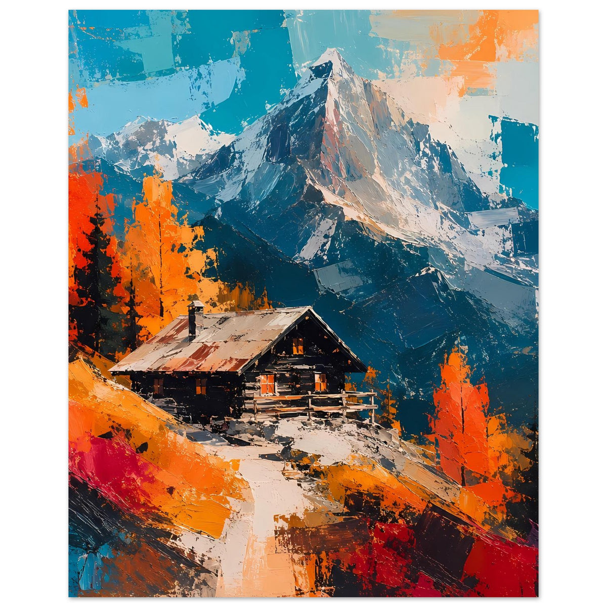 Vertikales Wandposter mit Berghütte, Schnee und Herbstlaub in Orange-Blau-Gemäldeoptik