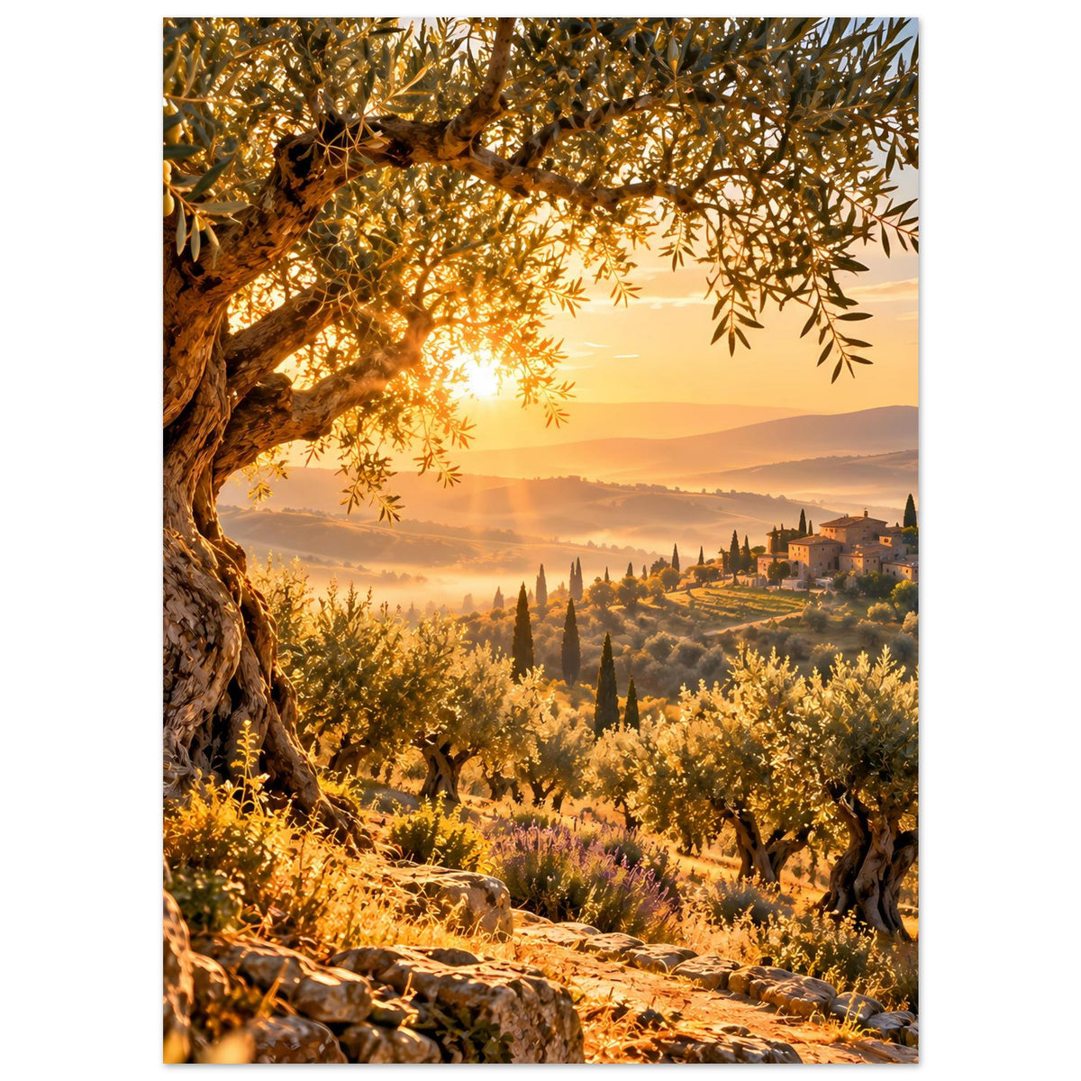 Landschaftsposter im Hochformat mit Olivenzweigen oben, Sonne zwischen Hügeln und Dorf