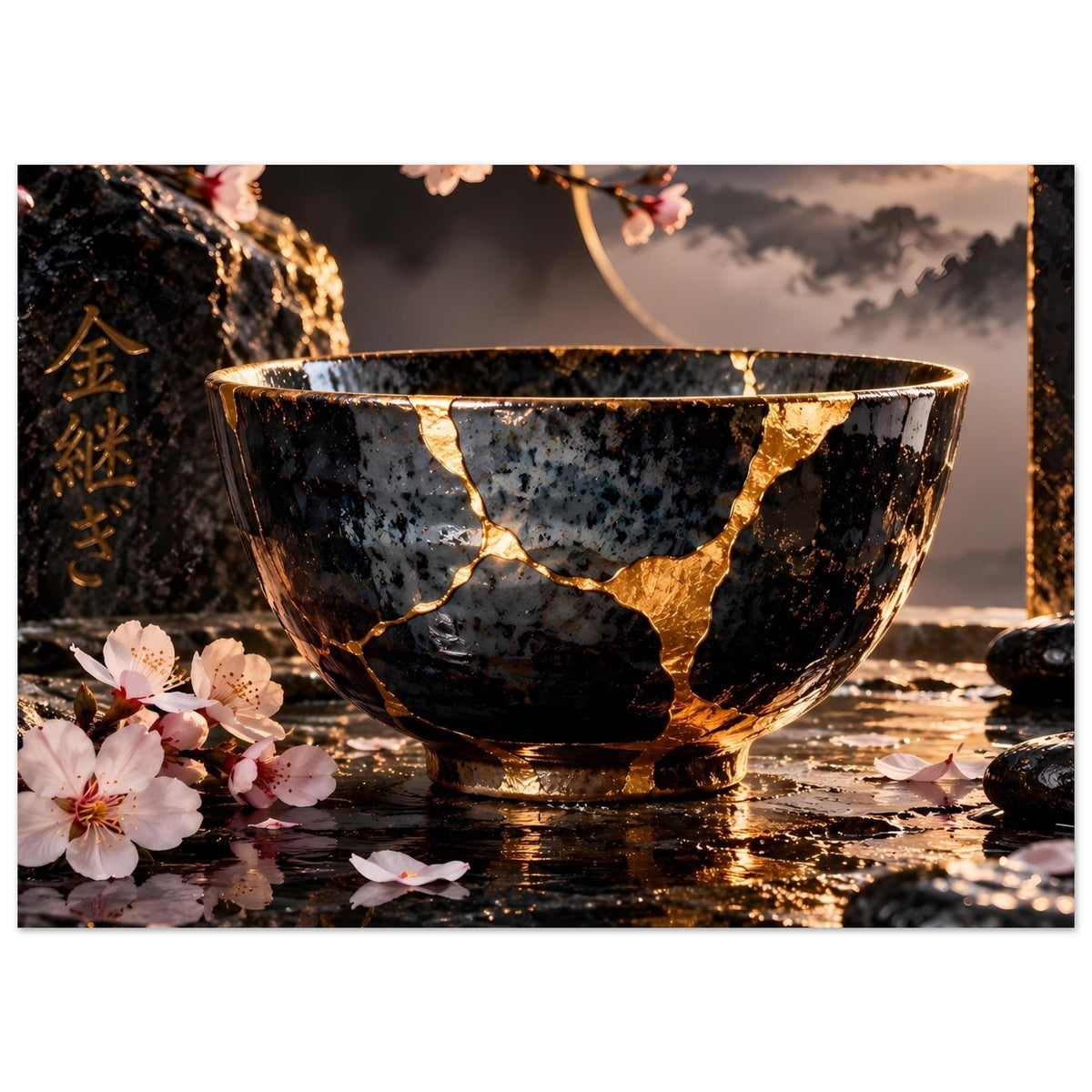 Kintsugi-Elegance-Poster: gold gerissene schwarze Schale, Kirschblüten und Bergmotiv