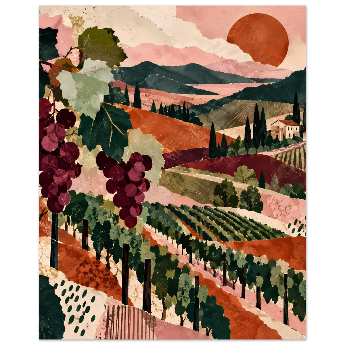 Weinreben-Landschaftsposter mit Sonne am Himmel, Weinbergen und Traubenranken