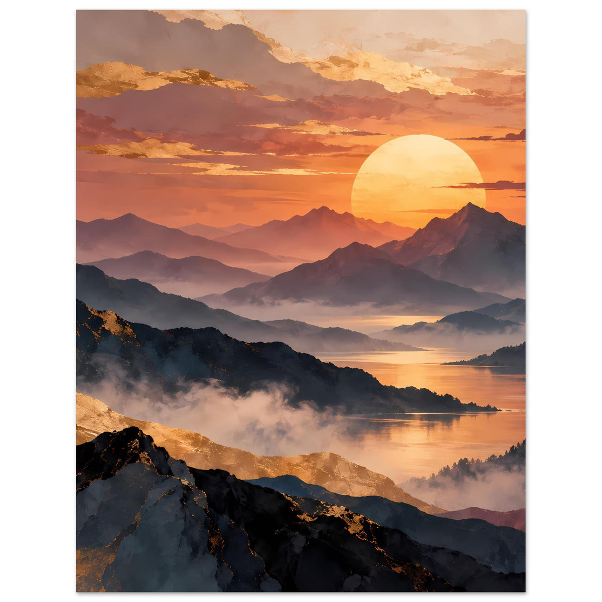 Hochformatiges Poster mit Sonnenuntergang über Bergen, Nebel zwischen den Tälern