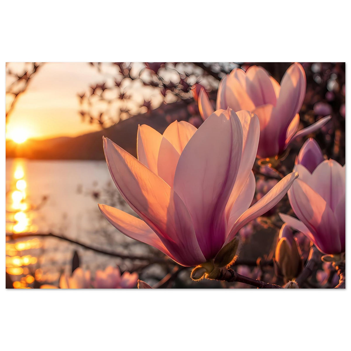Magnolienblüten-Poster: große rosa-orange Blüte, umgebende Zweige mit Knospen