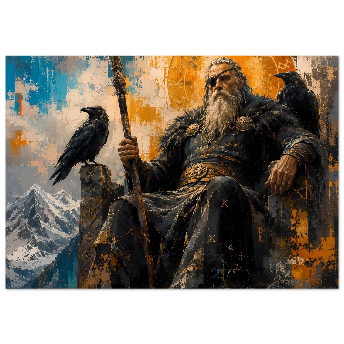 Norse-Gott Poster im Querformat: sitzender Krieger mit Speer, Rabe links, dunkle Robe mit Mustern