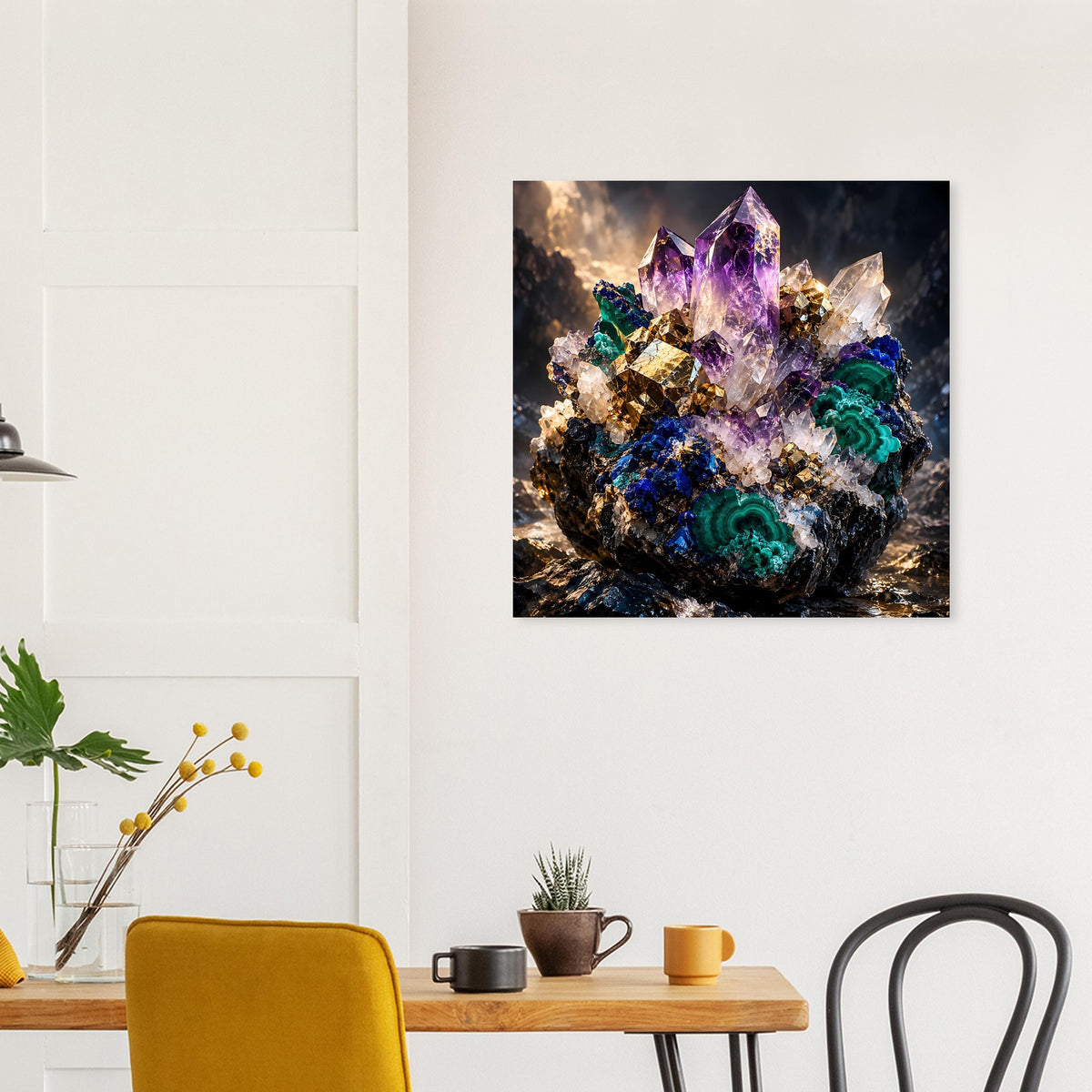 Kristallposter mit Amethyst- und Malachit-Effekten, violett-grüne Kristalladern und Glanz