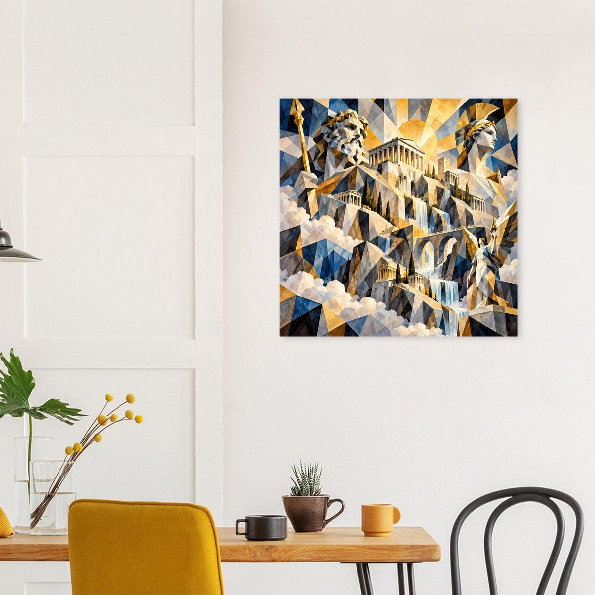 Quadratisches Poster mit geometrischem Mosaikmotiv, Säulen in Blau, Gold und Weiß