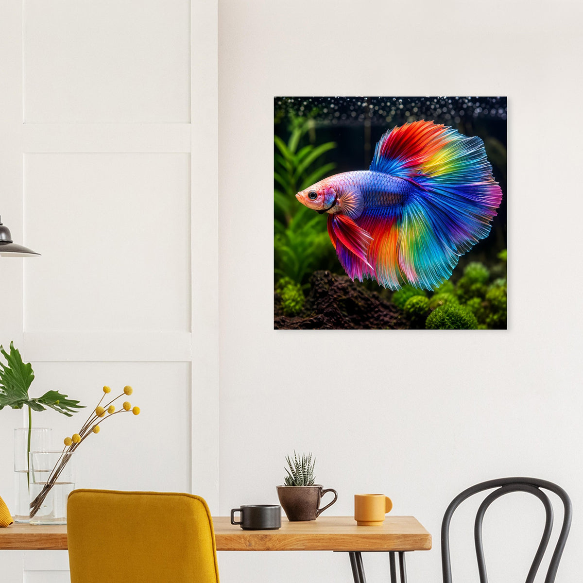 Quadratisches Poster mit blauem Betta-Fisch, rot-gelb-grünem Flossenverlauf