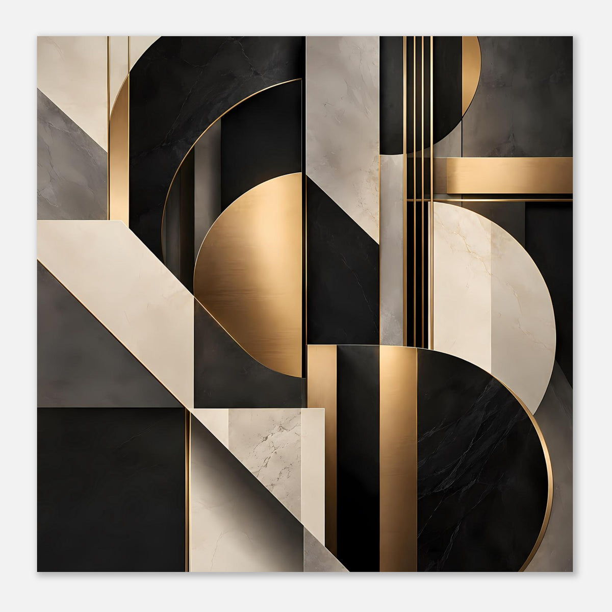 Geometrisches Gold-und-Marmor-Kunstposter mit großen Kreis-Elementen, Streifen und Marmormuster.