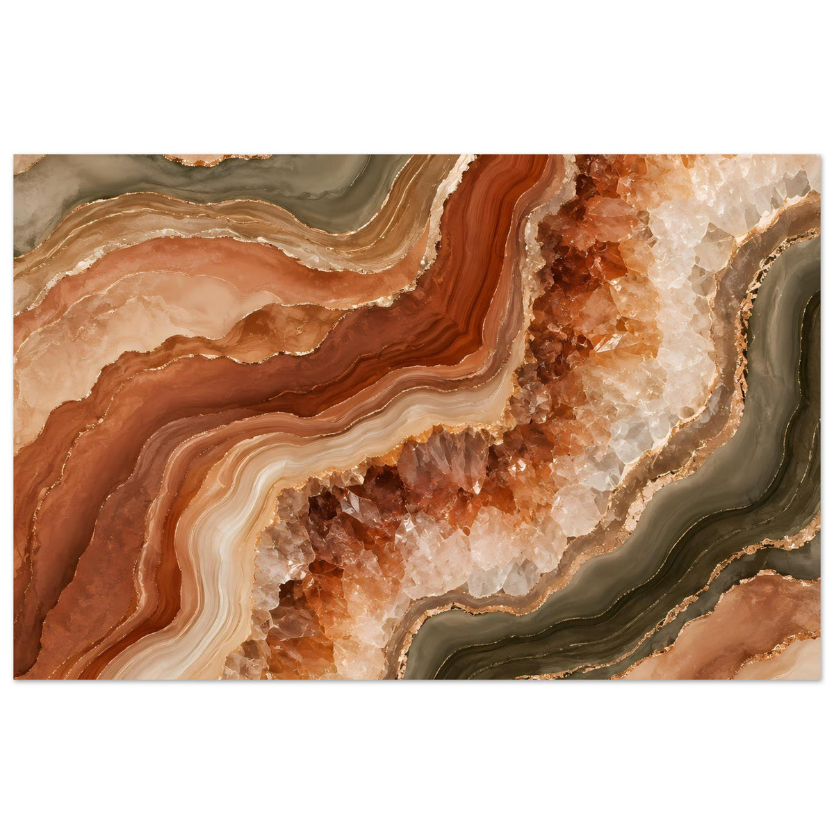 Horizontales Geoden-Poster mit braunen, beigen und goldenen Schichtlinien sowie Kristallstruktur