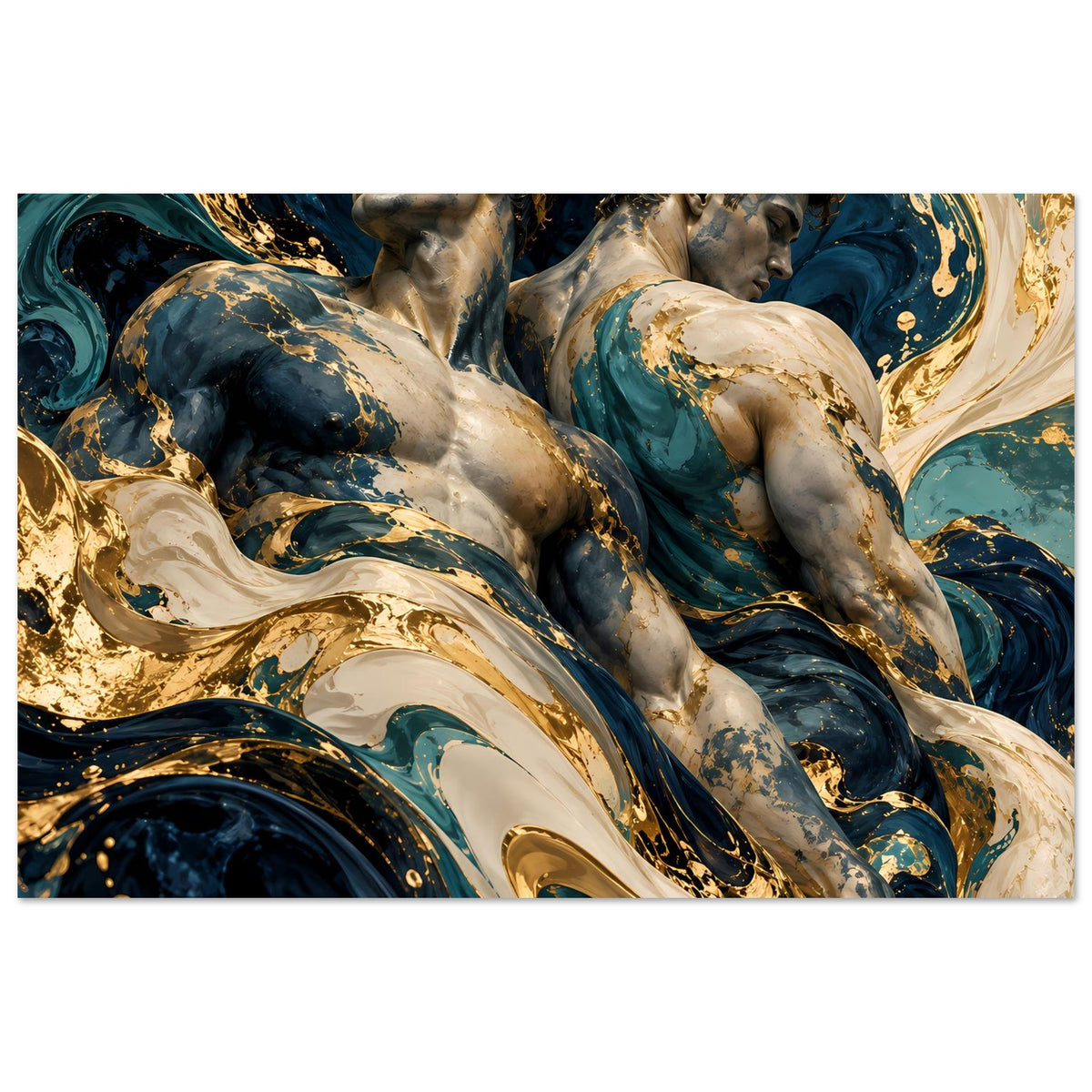 Kunstposter im Querformat mit abstrakter Frauengestalt in Blau, Gold und hellem Schaumlook