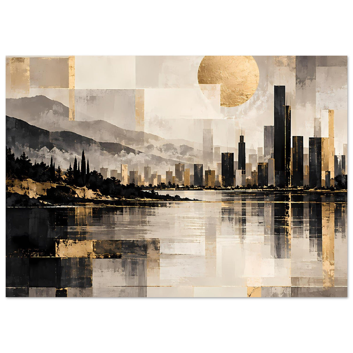 Stadtlandschaftsposter mit goldener Sonne, Hochhäusern und reflektierender Flusslandschaft