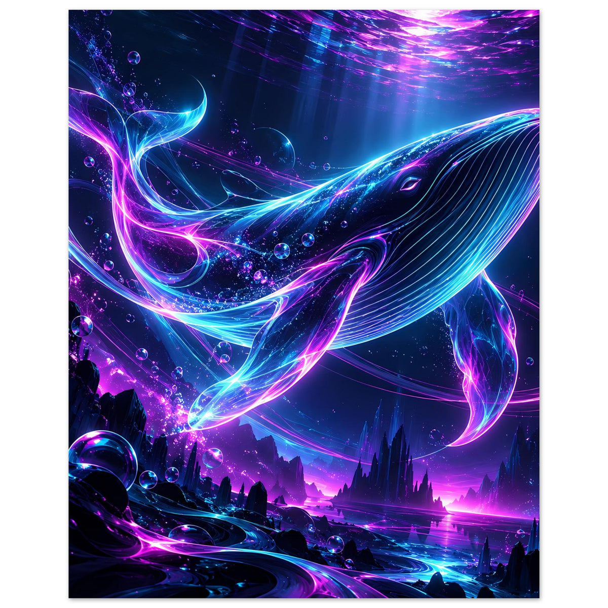 Neon-Wal Poster mit leuchtendem Strudel, Pink- und Blaubögen, Blasen und Lichtrays