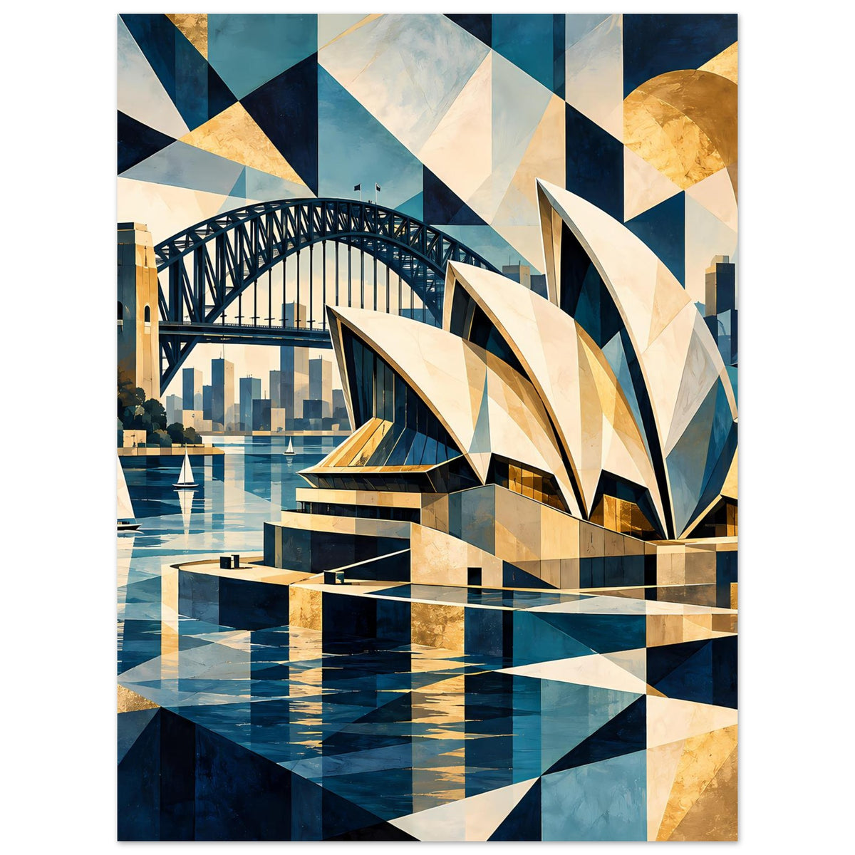 Wandposter mit abstraktem Sydney-Hafenbild: Bogenbrücke, segelförmiges Gebäude und Spiegelwasser